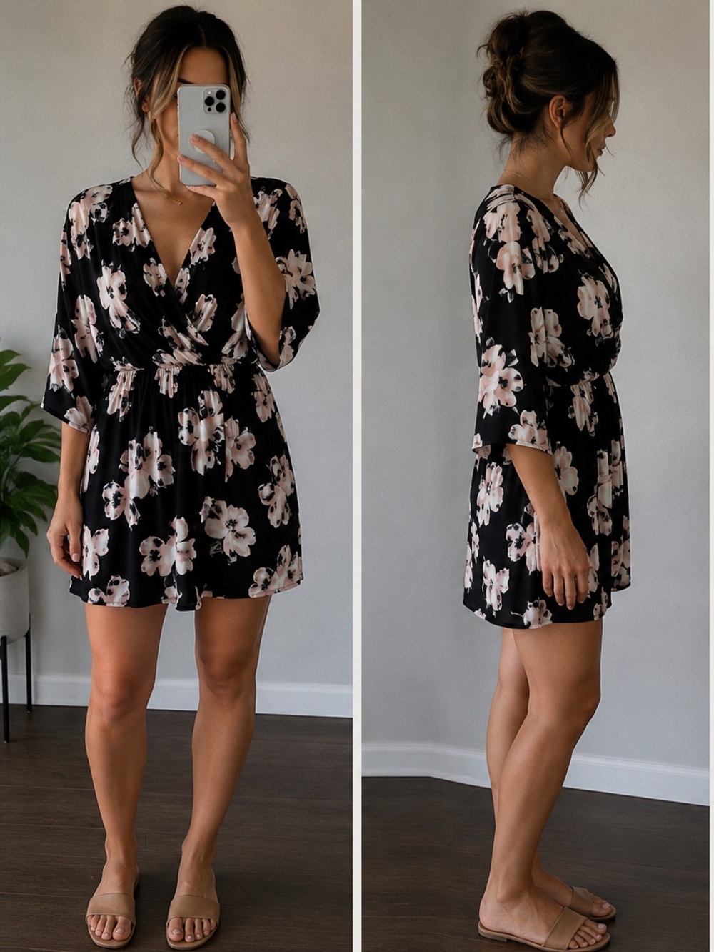 Express Black White‎ Floral Faux Wrap Dress 3/4 Sleeve Rayon Women's Small Flaw